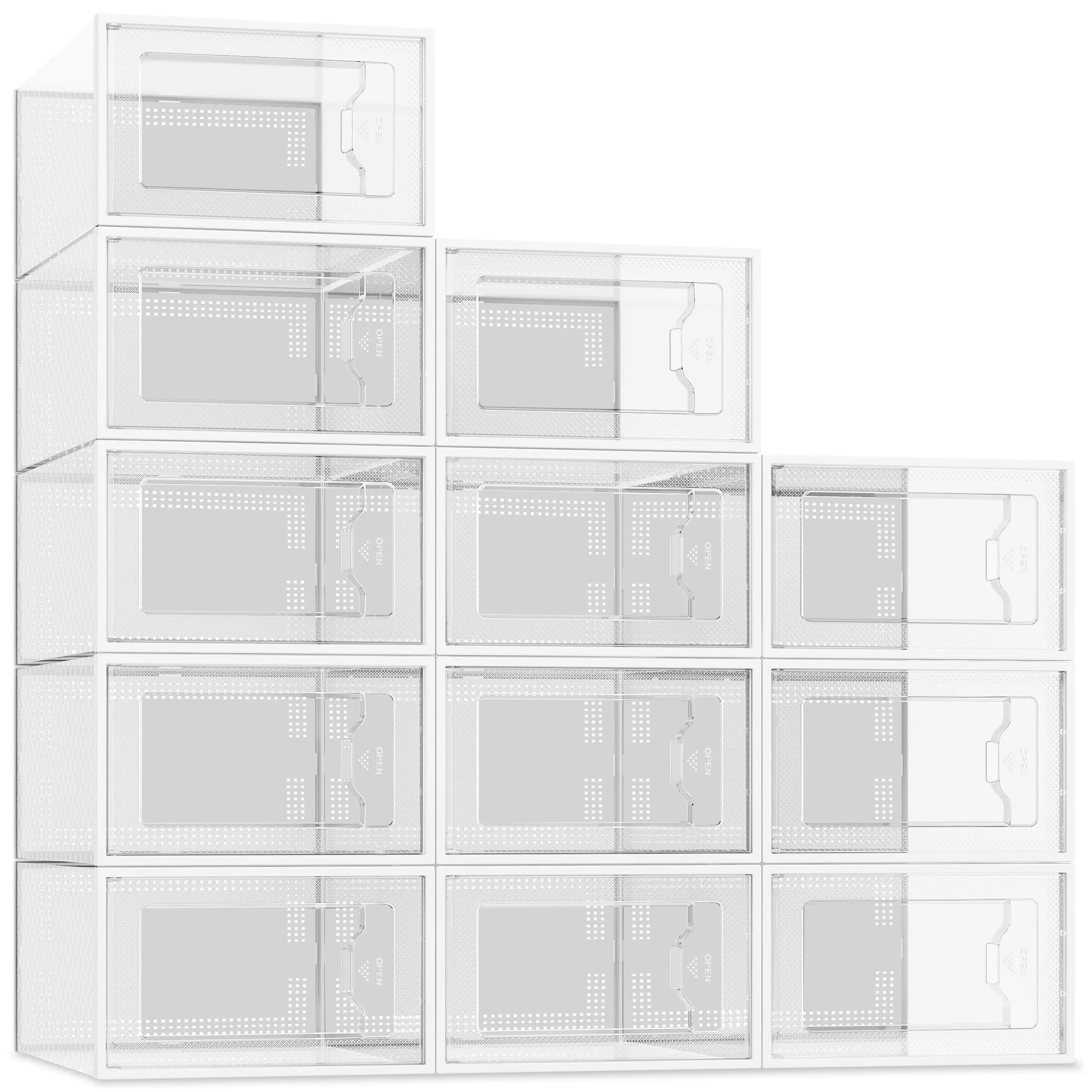 12 Pack Shoe Storage Box, Clear Plastic Stackable Shoe Organizer for Closet, Space Saving X-Large Foldable Shoe Sneaker Containers Bins Holders Fit up to Size 14 (Clear)