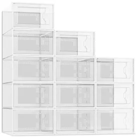 12 Pack Shoe Storage Box, Clear Plastic Stackable Shoe Organizer for Closet, Space Saving X-Large Foldable Shoe Sneaker Containers Bins Holders Fit up to Size 14 (Clear)