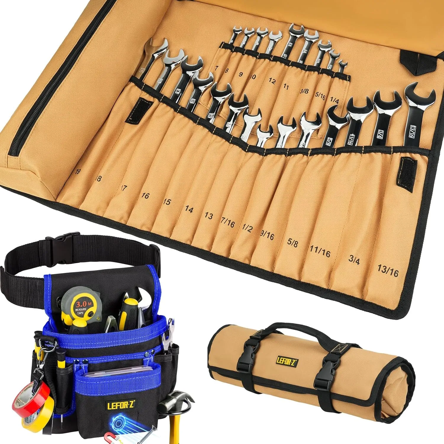 14-Pockets Magnetic Tool Belt   Wrench Roll Organizer with 23 1 Pockets for Metric & SAE Wrenches,Heavy Duty Tool Belts   Wrench Holder Organizer Bag for Men,Gifts for Dad,Mechanic,Electrician,Carpent