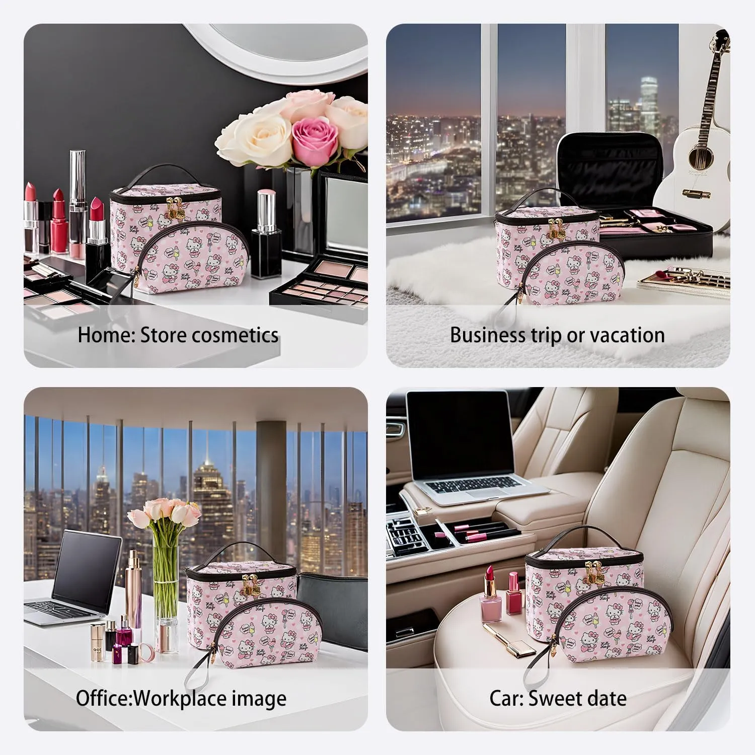 AmBealla Cosmetic Bag Large Makeup Bags Pink Travel Case with Makeup Brush Holder2PCS Cosmetic Organizer for Women, Toiletry Storage Bag for Skincare & Beauty Tools Sweet Cute for Girls