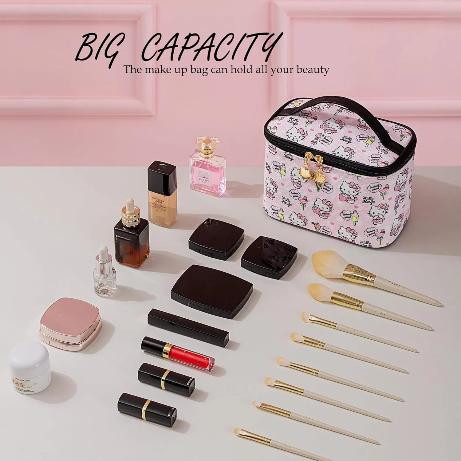 AmBealla Cosmetic Bag Large Makeup Bags Pink Travel Case with Makeup Brush Holder2PCS Cosmetic Organizer for Women, Toiletry Storage Bag for Skincare & Beauty Tools Sweet Cute for Girls