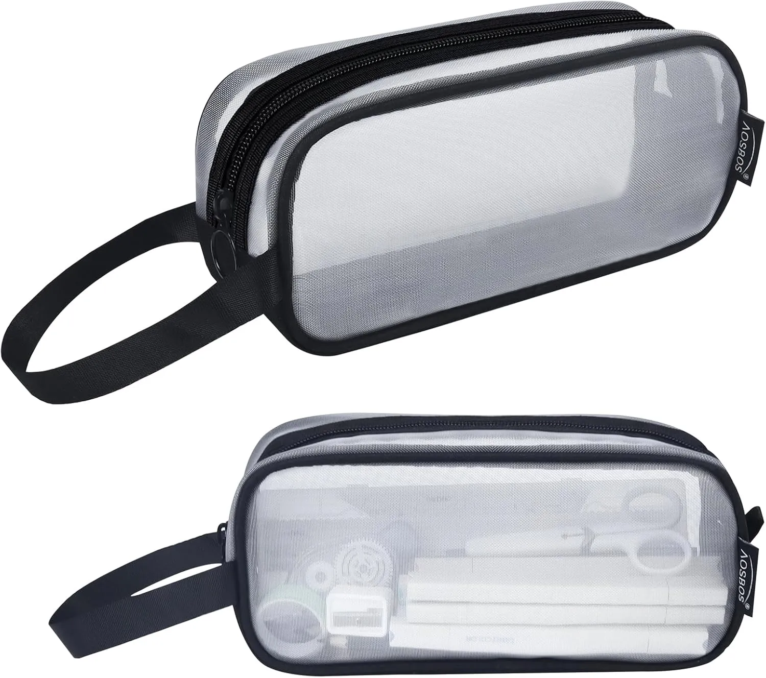 Aosbos Mesh Pencil Case, Clear Pencil Pouch Pencil Bags, Transparent Pen Holder Bag, Multi-Purpose Organizer Box with Portable Strap, White and Black