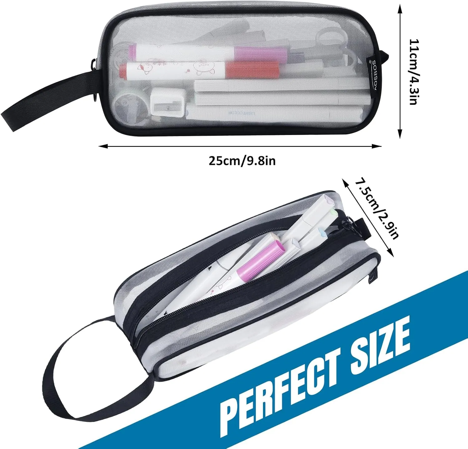 Aosbos Mesh Pencil Case, Clear Pencil Pouch Pencil Bags, Transparent Pen Holder Bag, Multi-Purpose Organizer Box with Portable Strap, White and Black
