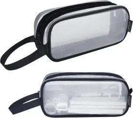 Aosbos Mesh Pencil Case, Clear Pencil Pouch Pencil Bags, Transparent Pen Holder Bag, Multi-Purpose Organizer Box with Portable Strap, White and Black