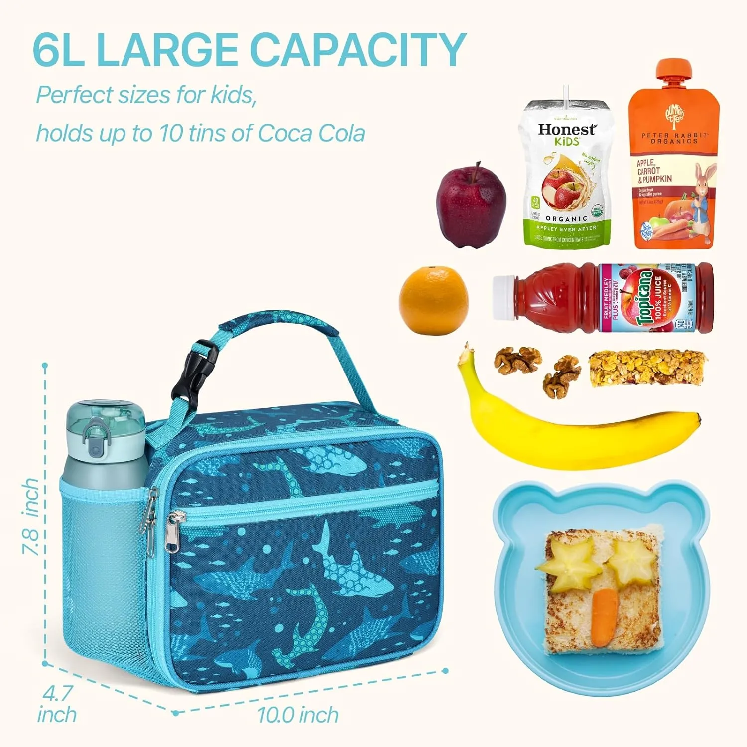 Bagseri Kids Lunch Box for Boys - Insulated Kids Lunch Bag for Boys Mini Cooler Tote with Leak-Proof Lining Reusable Toddler Lunch Bag for Daycare School Picnic, Blue Shark (Water Bottle No Included)