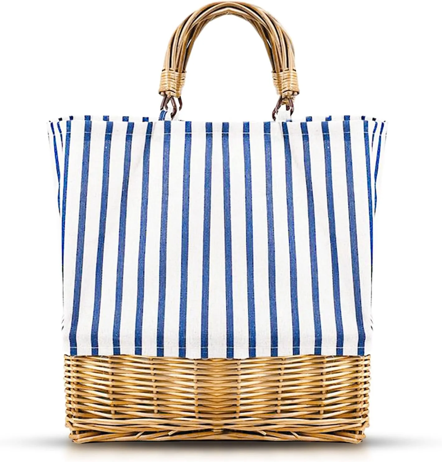 Beach Bag for Women, Square Tote Bag, Linen Patchwork straw Bag, Large Capacity Handbag, Bohemia Handwoven Rattan Bag, Straw Bag Suitable for Travel Vacation Work Daily Matching(Blue Stripe)
