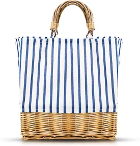 Beach Bag for Women, Square Tote Bag, Linen Patchwork straw Bag, Large Capacity Handbag, Bohemia Handwoven Rattan Bag, Straw Bag Suitable for Travel Vacation Work Daily Matching(Blue Stripe)