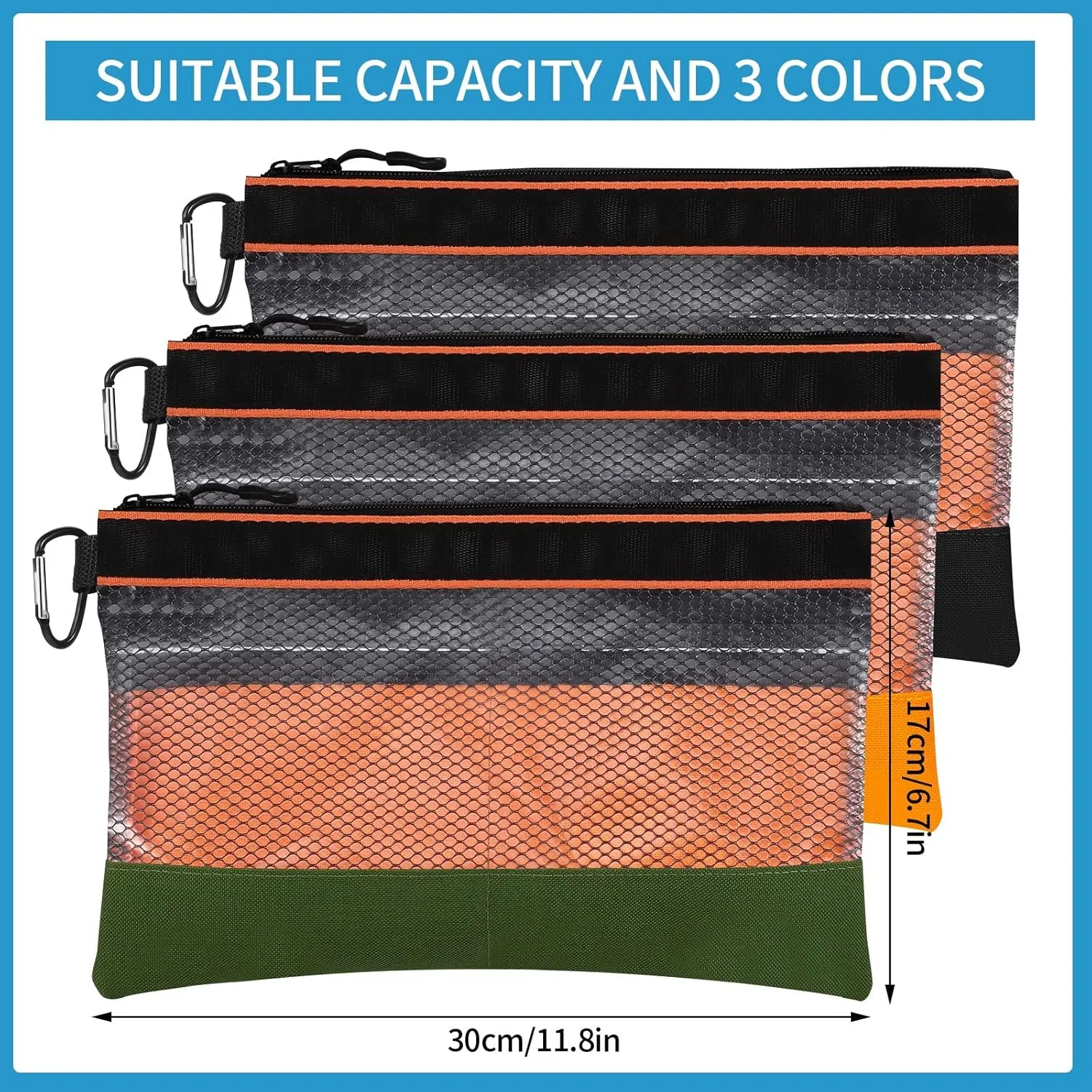 BESARME 3-Pack 11.8" Clear Tool Pouch with Heavy-Duty Zipper and Mesh Window - Waterproof, Electrician Tool Pouch for Men and Women