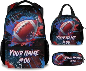 Boy Backpack - Personalized Football Backpacks Set for Kids -Teens Bookbag with Lunch Bag & Pencil Case - Sports Theme School Bags for Elementary Middle School