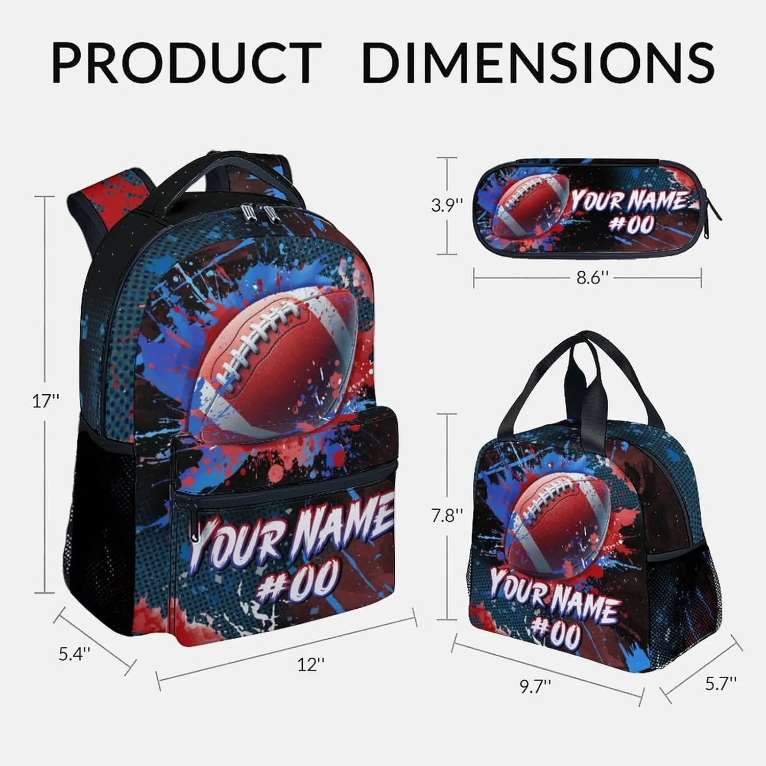 Boy Backpack - Personalized Football Backpacks Set for Kids -Teens Bookbag with Lunch Bag & Pencil Case - Sports Theme School Bags for Elementary Middle School