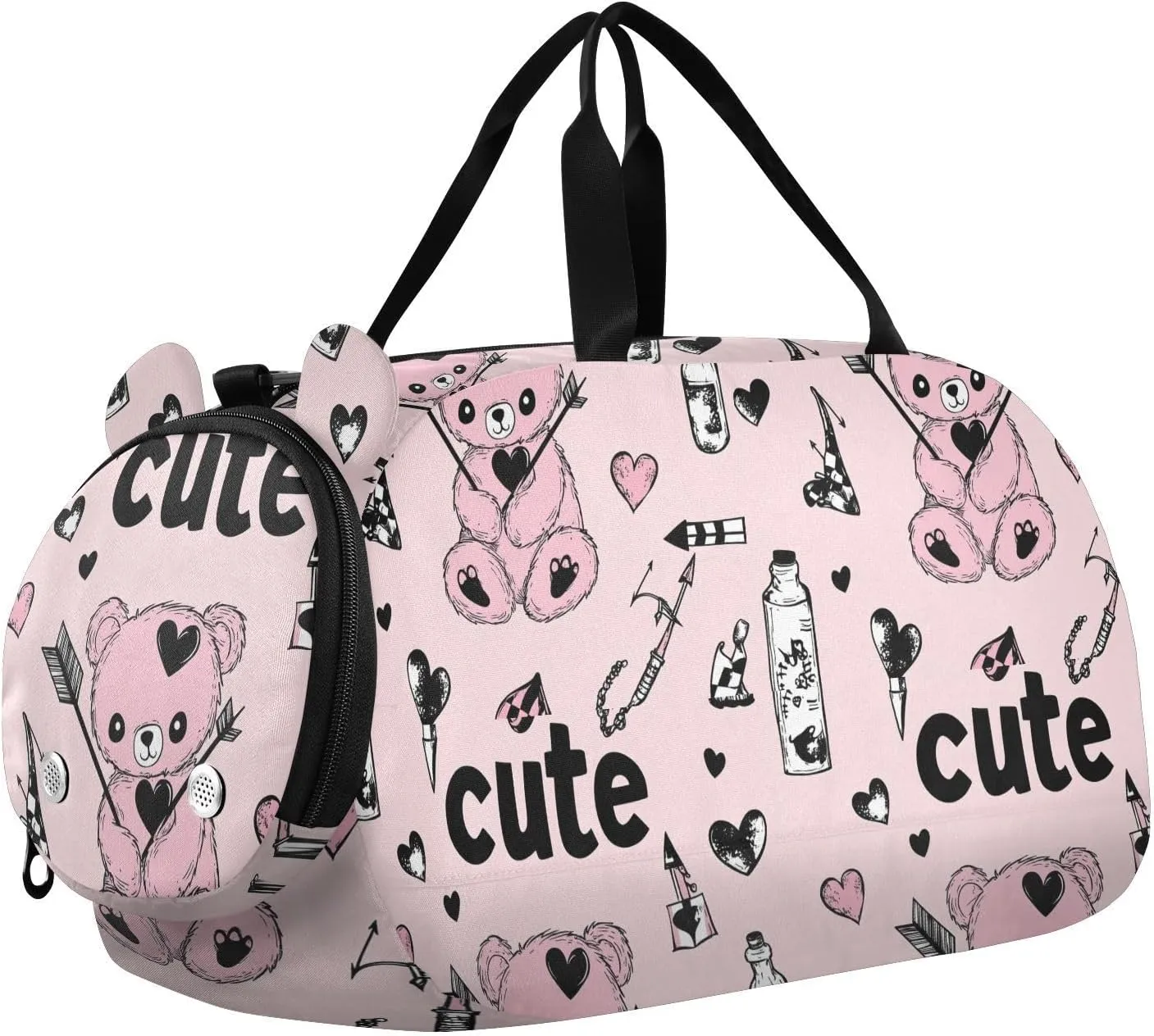 Cartoon Cute Peach Teddy Bear Girl's Gym Duffel Bag with Shoes Compartment Large Capacity Weekend Overnight Carry on Bag for Boys and Girls bolsa de para mujer