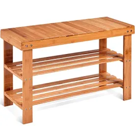 COSTWAY Bamboo Shoe Rack Bench 3-Tier Free Standing Wood Shoe Storage Organizer Shelf Holder Home Entryway Hallway Furniture Eco-Friendly (Natural)