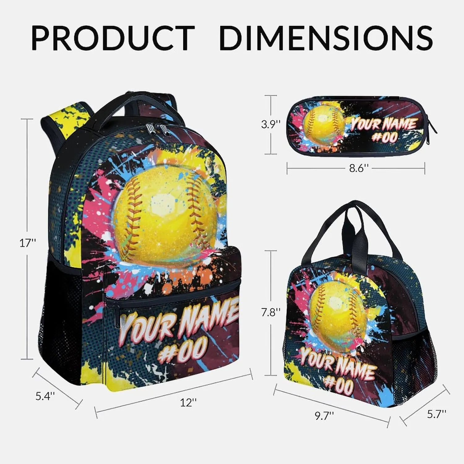 Custom Backpack Set - Softball Backpacks for Girls - Kids Bookbag for Elementary Middle School - Personalized School Bag with Lunch Box & Pencil Case