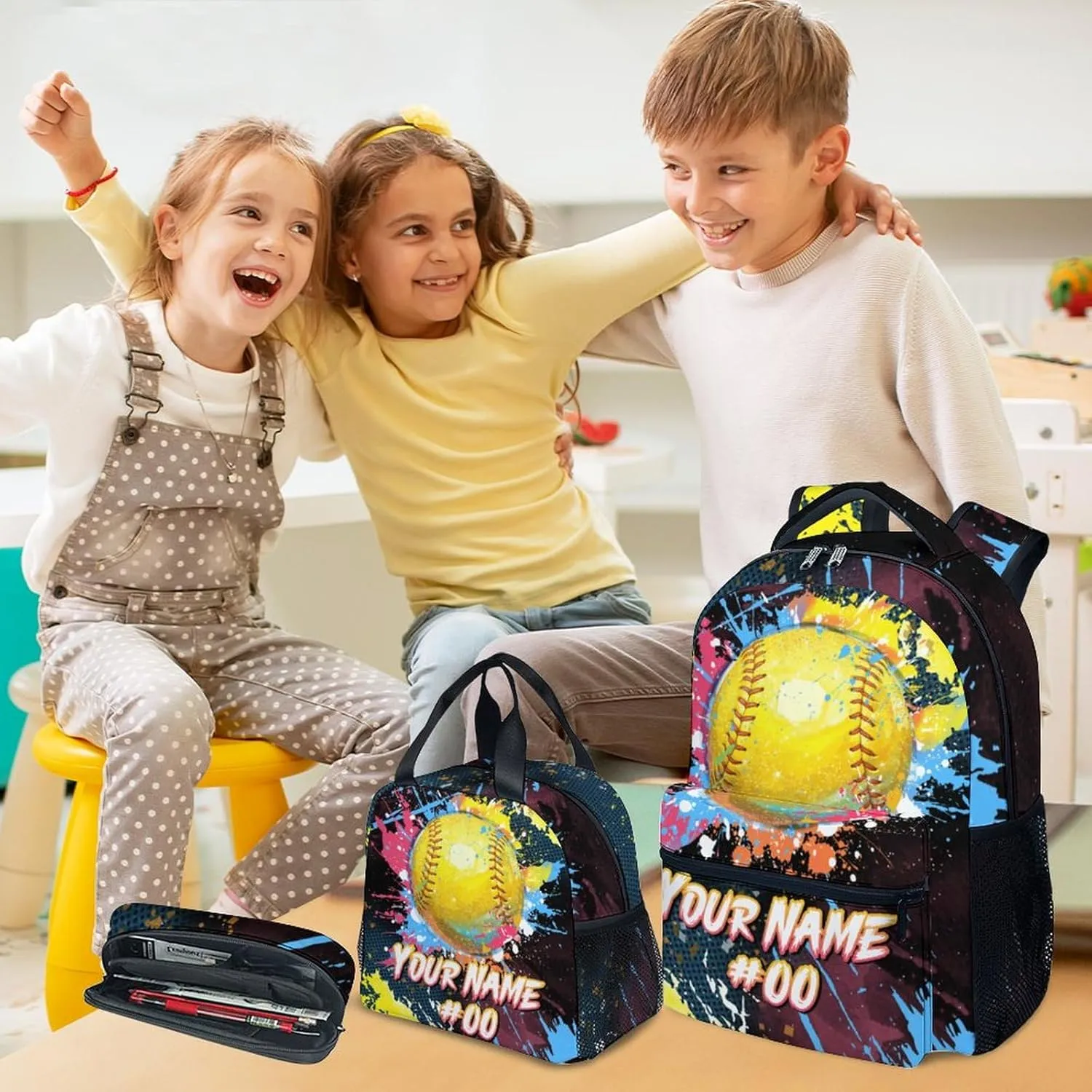 Custom Backpack Set - Softball Backpacks for Girls - Kids Bookbag for Elementary Middle School - Personalized School Bag with Lunch Box & Pencil Case
