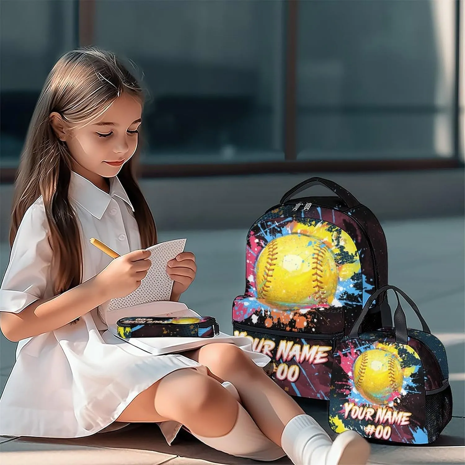 Custom Backpack Set - Softball Backpacks for Girls - Kids Bookbag for Elementary Middle School - Personalized School Bag with Lunch Box & Pencil Case