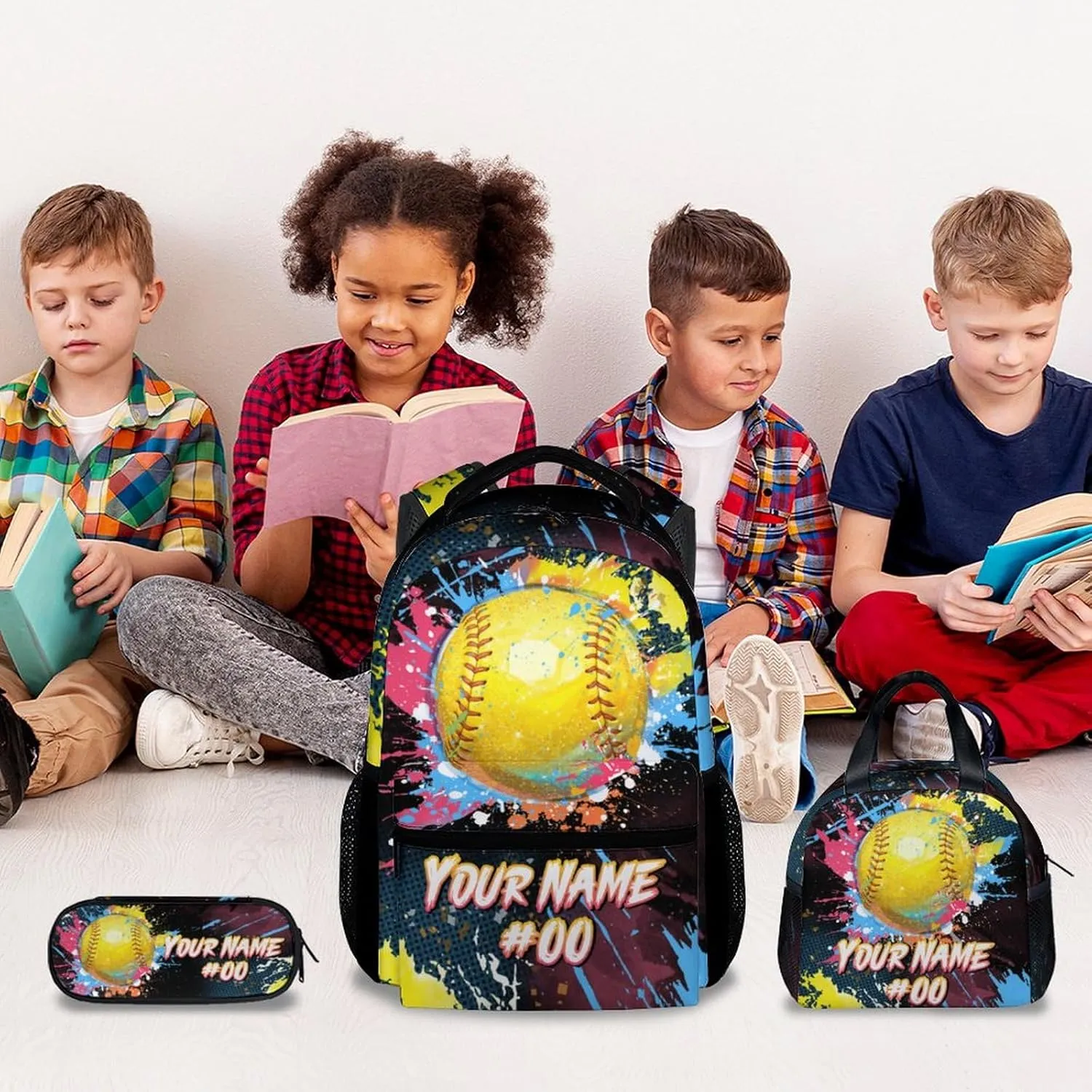 Custom Backpack Set - Softball Backpacks for Girls - Kids Bookbag for Elementary Middle School - Personalized School Bag with Lunch Box & Pencil Case