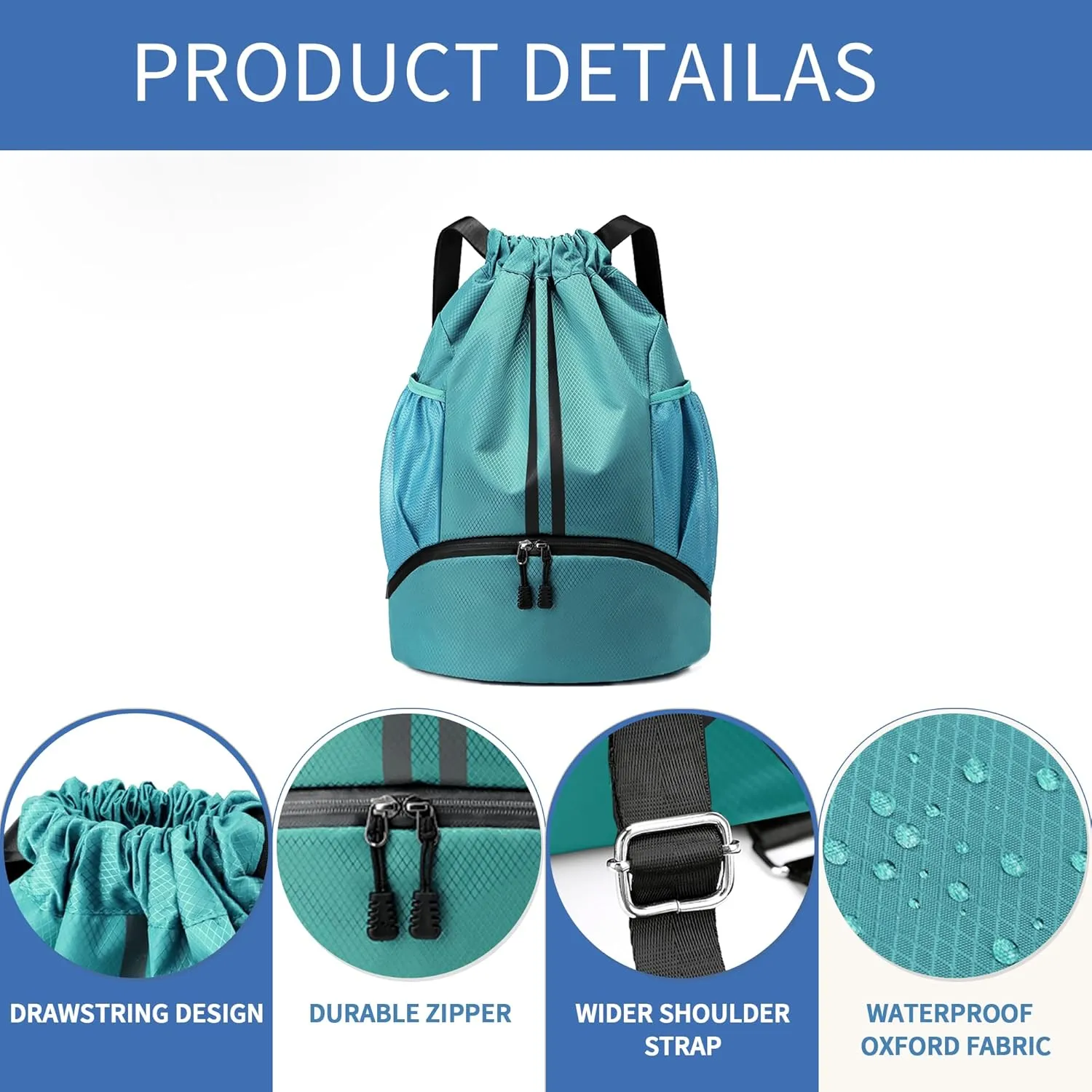 Drawstring Backpack Gym Bag with Shoes Compartment for Soccer, Basketball, Swim, Water-Resistant String Backpack Beach Cinch for Women Men, Teal