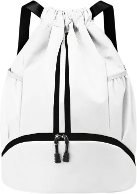 Drawstring Backpack Gym Bag with Shoes Compartment for Soccer, Basketball, Swim, Water-Resistant String Backpack Beach Cinch for Women Men, White