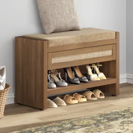 essential Rattan Shoe Storage Bench with Cushion & Drawer, Boho Bench, 38 Lb Limit