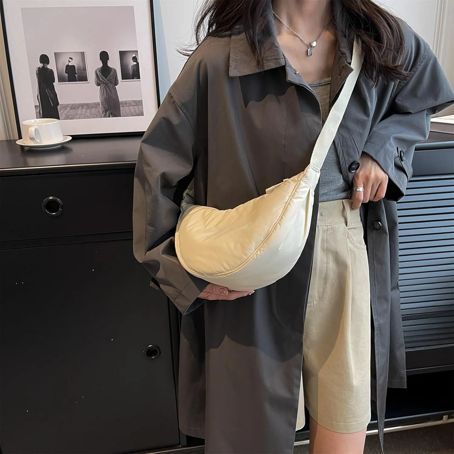 Generic Sling Bag for Women Dumpling Crossbody Bag Nylon Underarm Bag with Zipper Crescent Satchel Purse Shoulder Handbag Hobo Bag-Beige03
