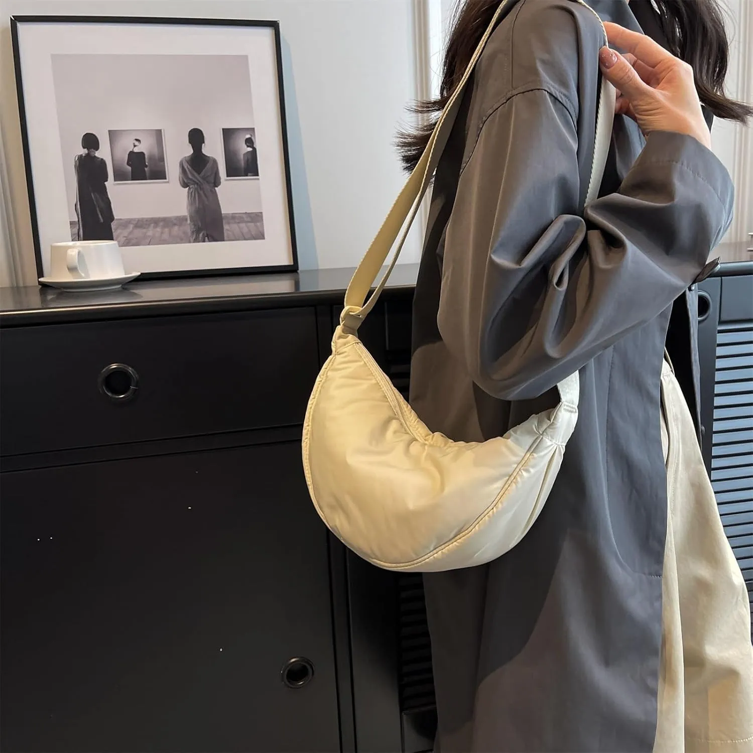 Generic Sling Bag for Women Dumpling Crossbody Bag Nylon Underarm Bag with Zipper Crescent Satchel Purse Shoulder Handbag Hobo Bag-Beige03