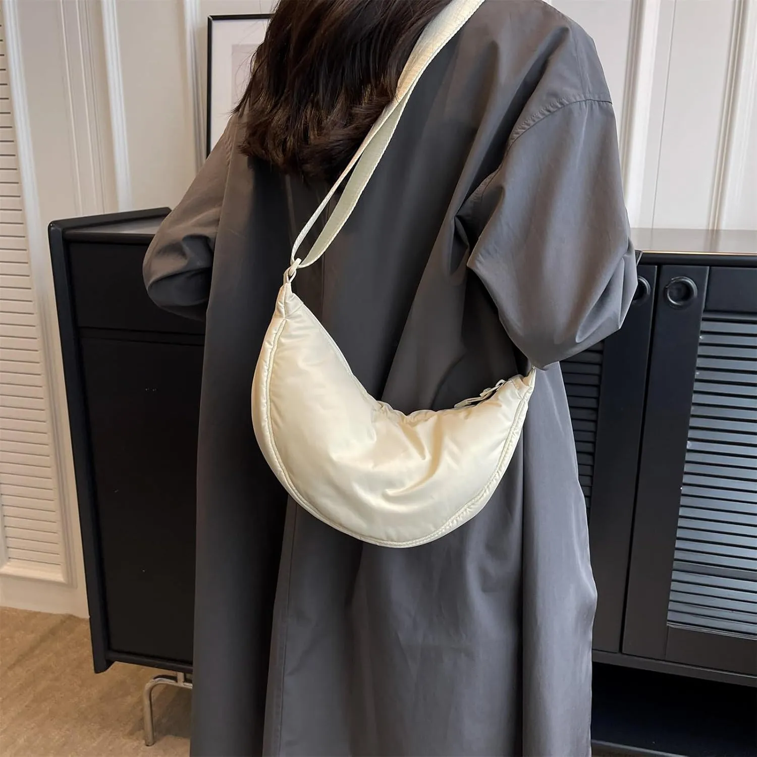 Generic Sling Bag for Women Dumpling Crossbody Bag Nylon Underarm Bag with Zipper Crescent Satchel Purse Shoulder Handbag Hobo Bag-Beige03