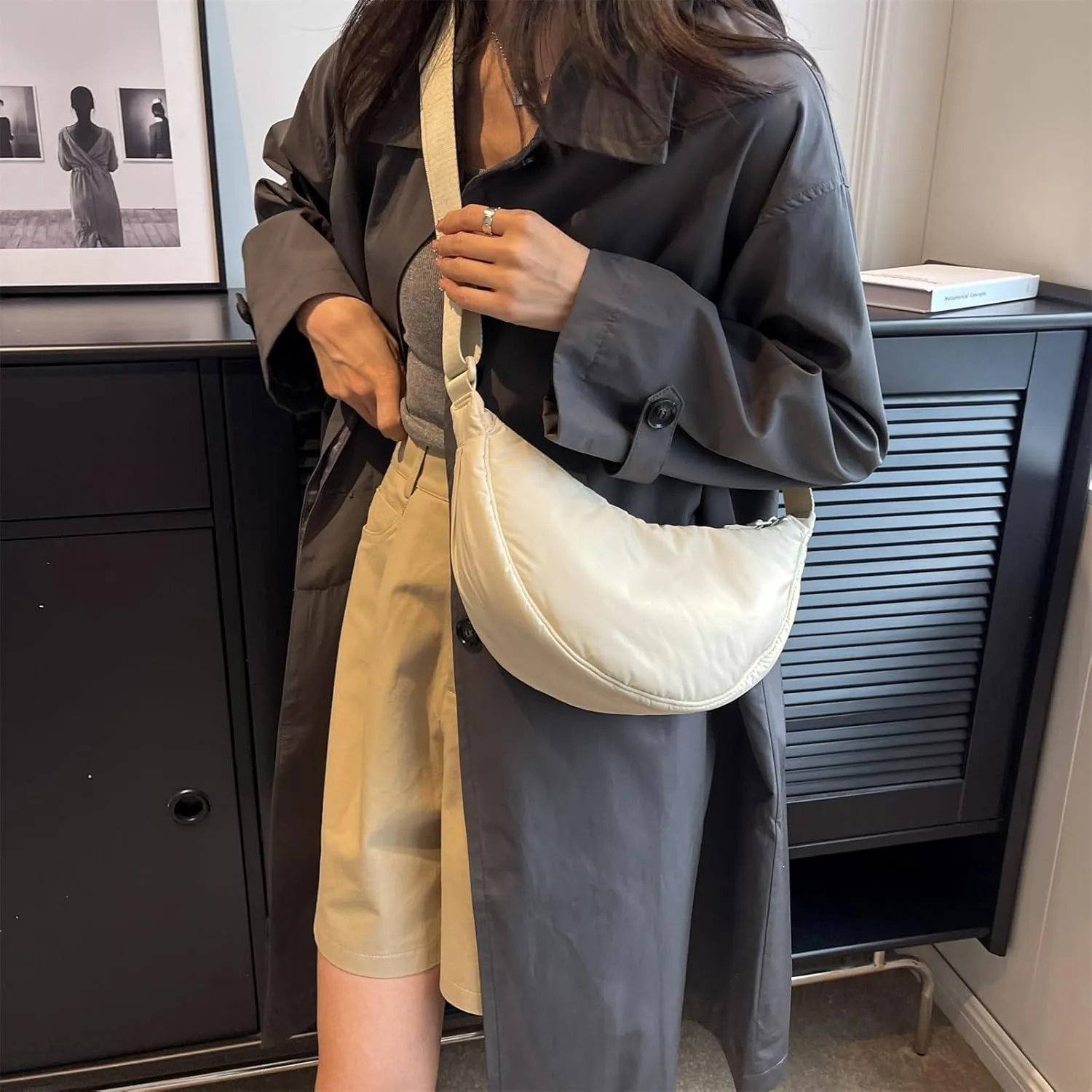 Generic Sling Bag for Women Dumpling Crossbody Bag Nylon Underarm Bag with Zipper Crescent Satchel Purse Shoulder Handbag Hobo Bag-Beige03