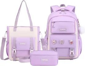 Girls Backpack, 3pcs Sets Kids Backpack for Girls with Anti-theft Back Pocket, Lightweight School Backpacks Water Resistant Tote Bag with Pencil Case for Elementary Primary School, Purple