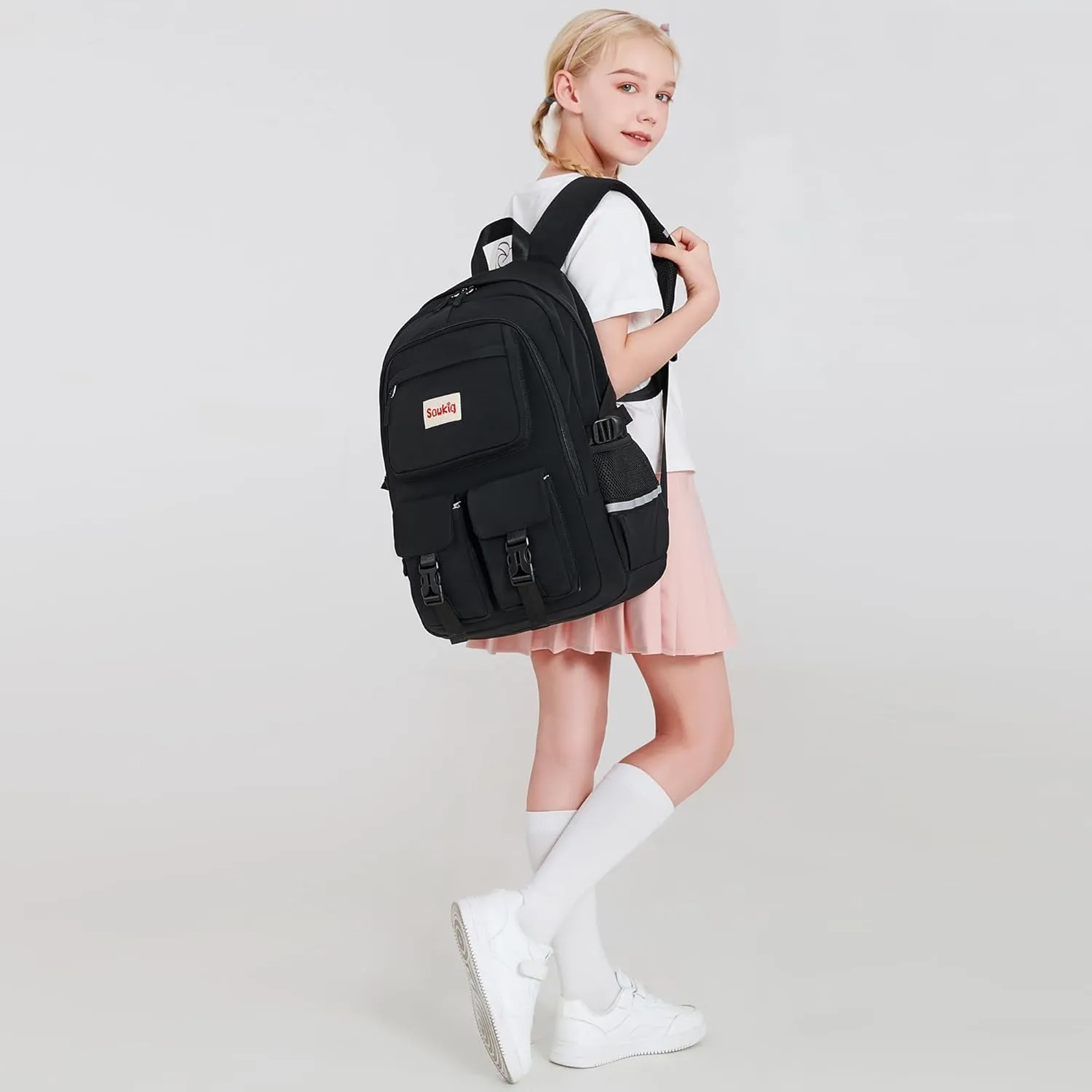 Girls Backpack for School Kids Multiple Pockets Bookbag Cute 17 inch School Backpack for Girls Elementary Junior High Book Bags (Black)