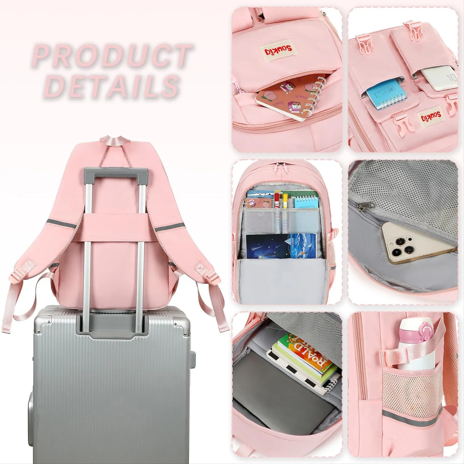 Girls Bookbag for Kids 17 inch Cute Backpack Multi-pocket School Bags for Girls Elementary Junior High School Backpack (Pink)