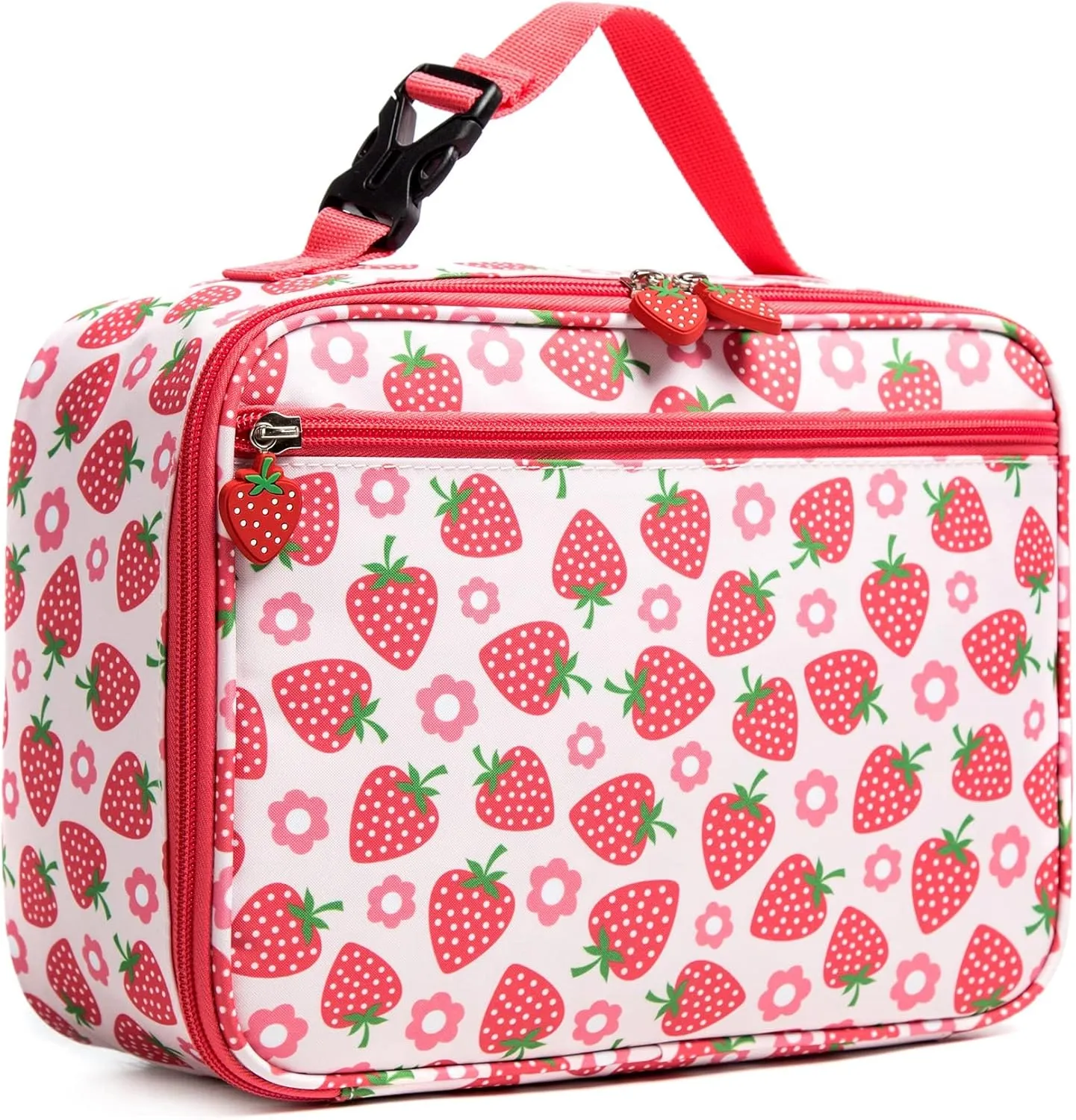 Girls Insulated Kids Lunch Bags Mini Cooler Back to School Food Storage Tote - Picnic Cookouts Travel Reusable Small Lunch Box with Cute Pattern Prints Bright Strawberry