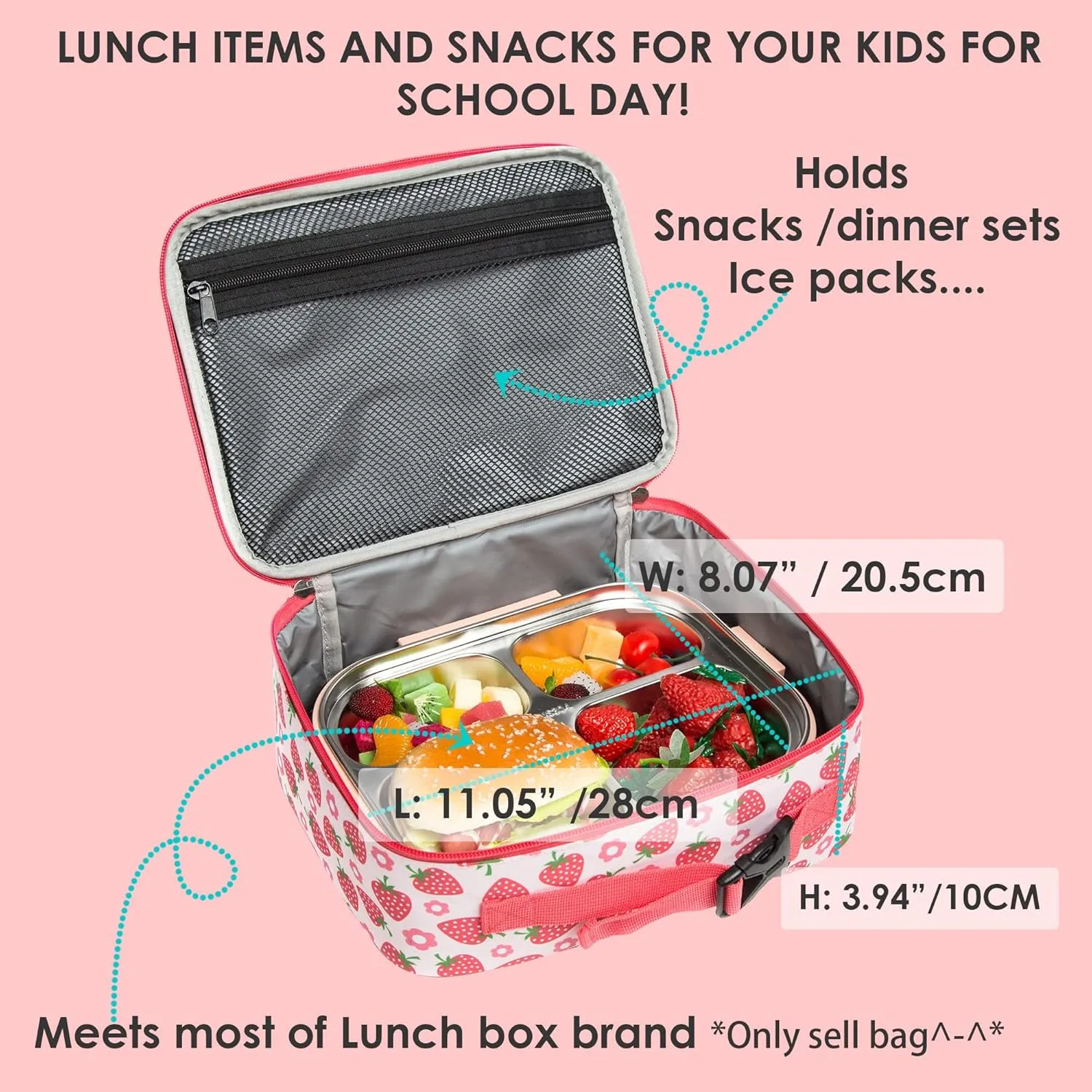Girls Insulated Kids Lunch Bags Mini Cooler Back to School Food Storage Tote - Picnic Cookouts Travel Reusable Small Lunch Box with Cute Pattern Prints Bright Strawberry