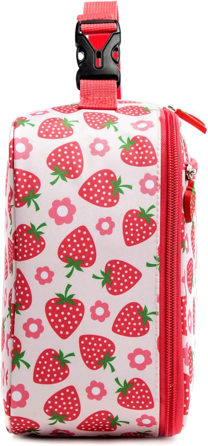 Girls Insulated Kids Lunch Bags Mini Cooler Back to School Food Storage Tote - Picnic Cookouts Travel Reusable Small Lunch Box with Cute Pattern Prints Bright Strawberry
