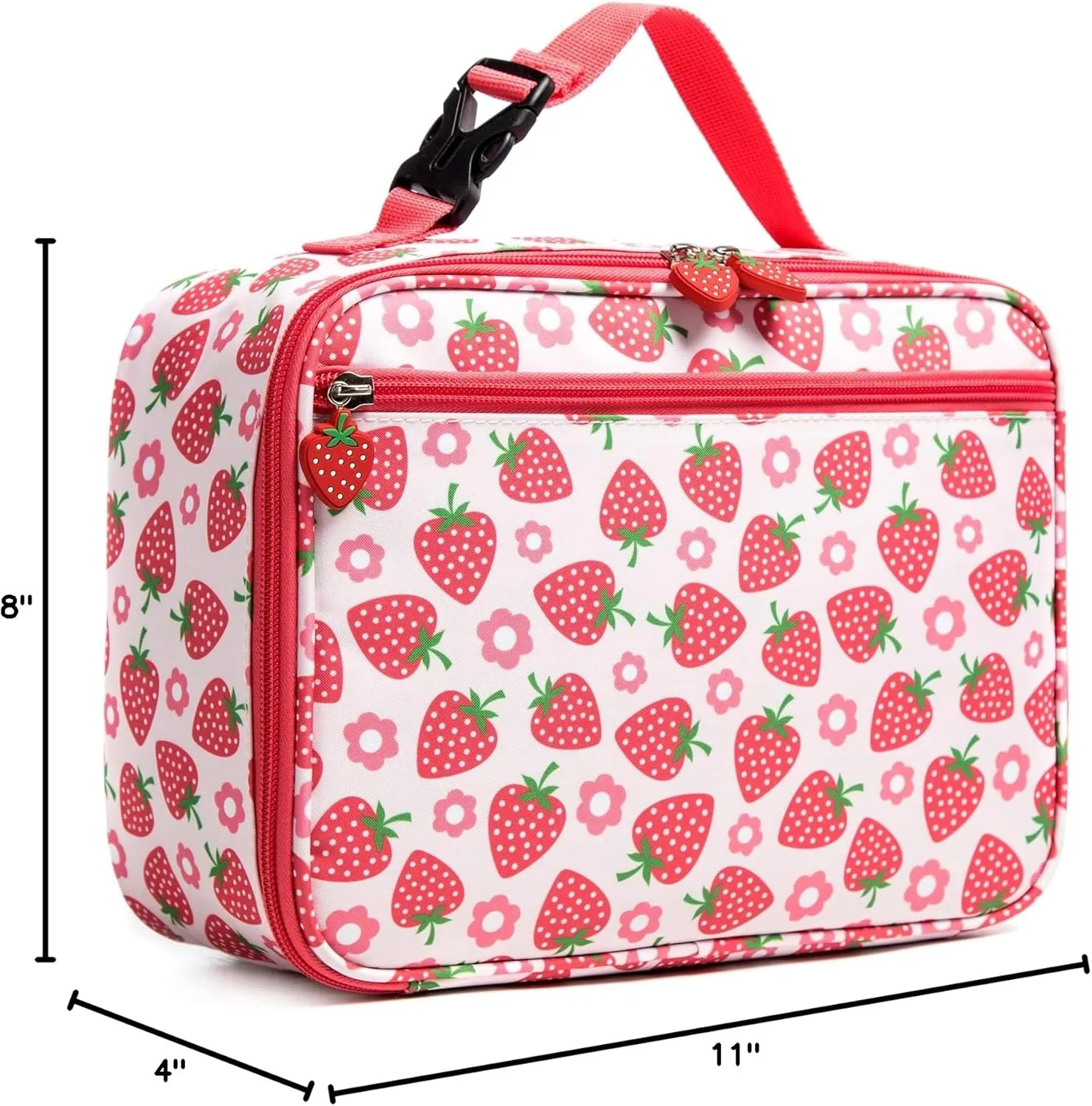 Girls Insulated Kids Lunch Bags Mini Cooler Back to School Food Storage Tote - Picnic Cookouts Travel Reusable Small Lunch Box with Cute Pattern Prints Bright Strawberry