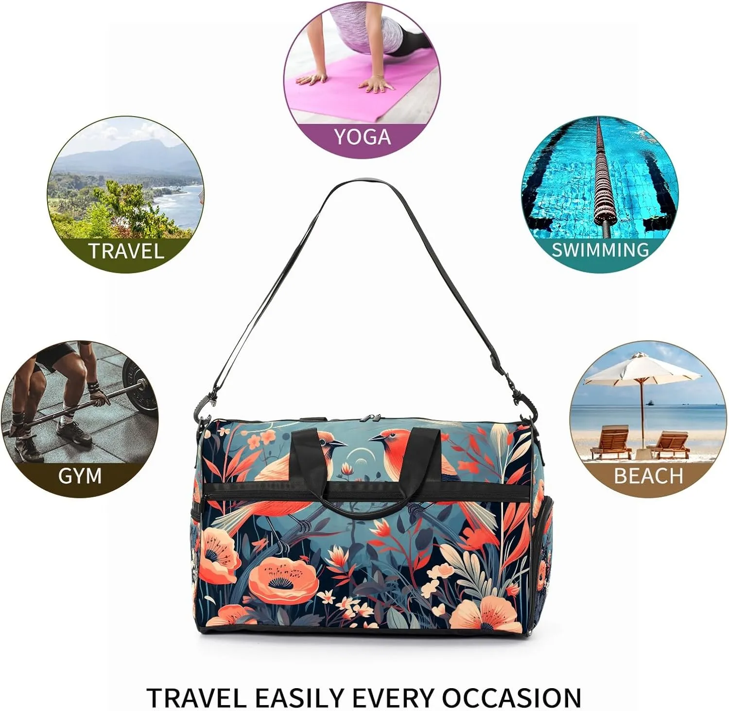 Gym Bag for Women, Carry on Weekender Overnight Bag, Travel Duffel Bags, Personal Item Travel Bag Tote Bag Workout Dance Bag, Chinese Painting Bird - 18