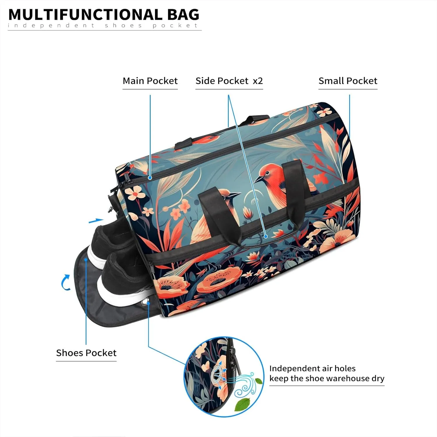 Gym Bag for Women, Carry on Weekender Overnight Bag, Travel Duffel Bags, Personal Item Travel Bag Tote Bag Workout Dance Bag, Chinese Painting Bird - 18