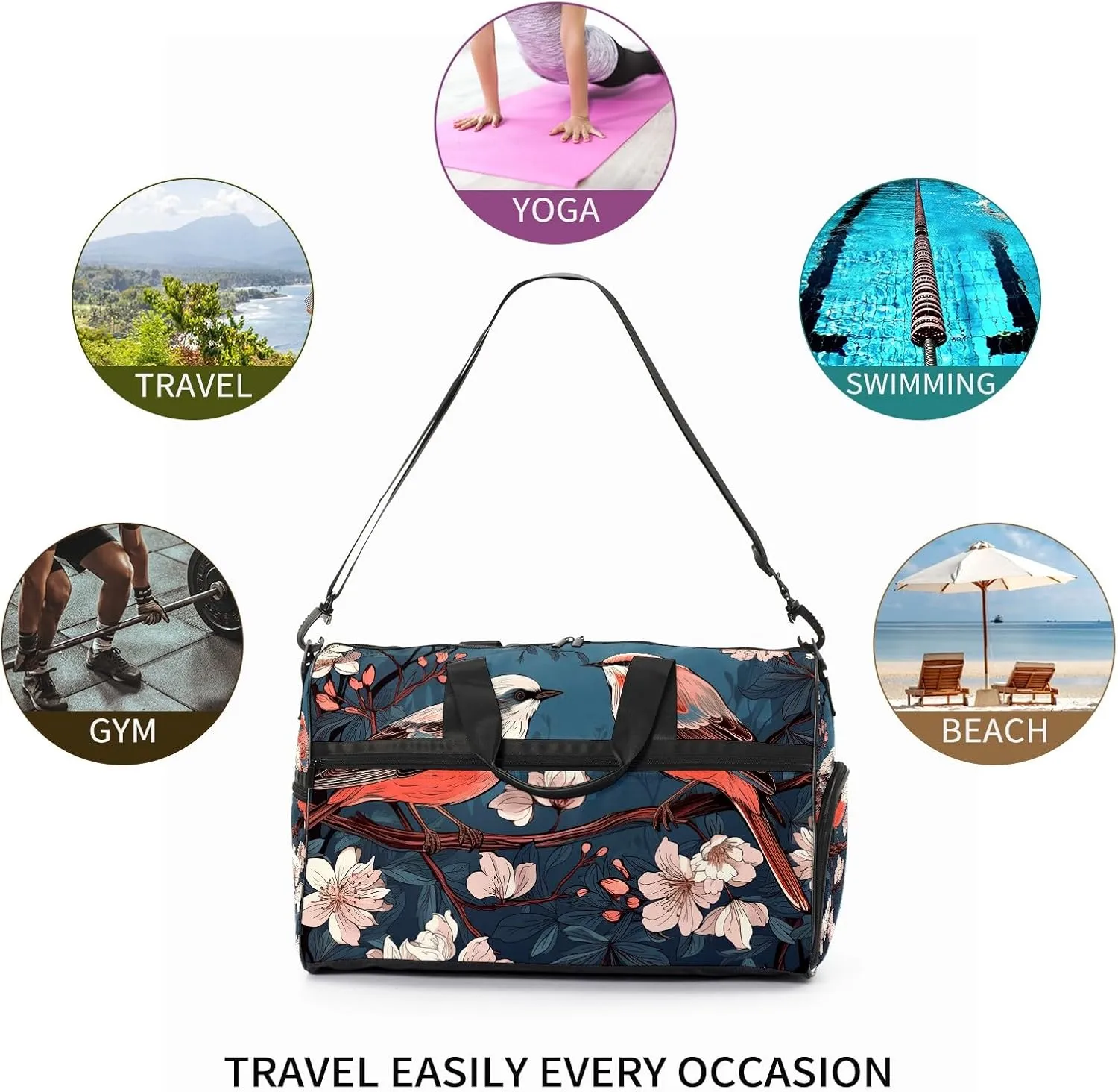 Gym Bag for Women, Carry on Weekender Overnight Bag, Travel Duffel Bags, Personal Item Travel Bag Tote Bag Workout Dance Bag, Chinese Painting Bird - 9