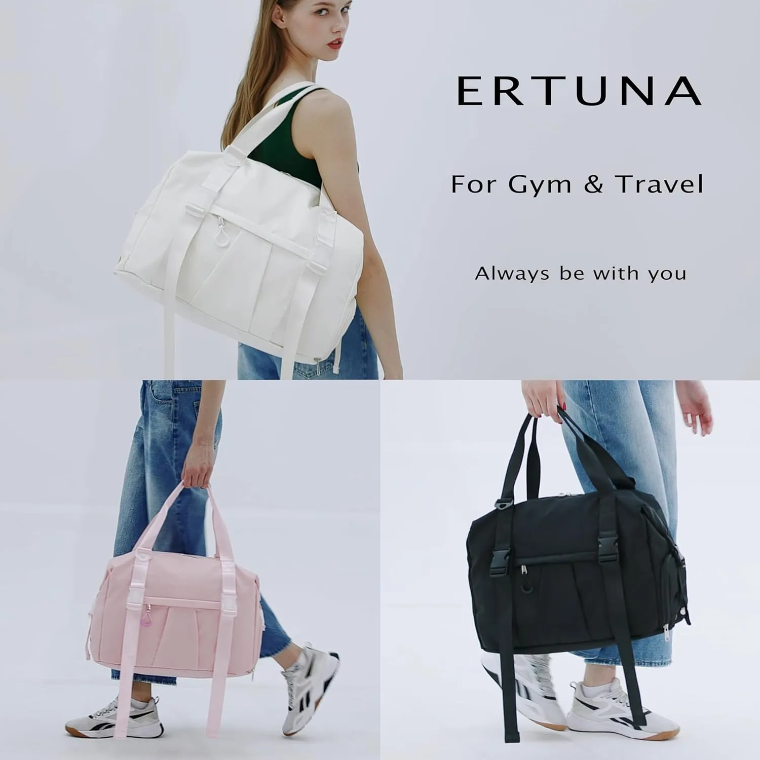 Gym Bag with Yoga Mat Holders, Carry On for Pilates Women & Men with Laptop & Shoe Compartment Large Duffle Travel Weekender Tote with Key Ring Clip Personal Item Workout, Easy to Clean - Beige