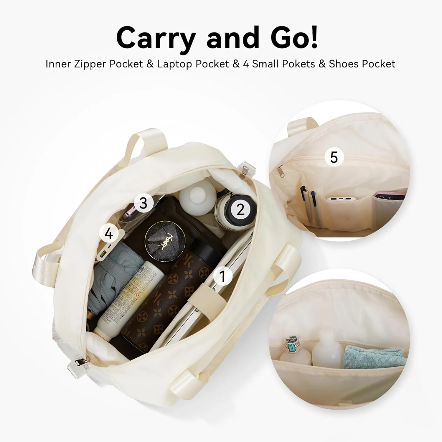 Gym Bag with Yoga Mat Holders, Carry On for Pilates Women & Men with Laptop & Shoe Compartment Large Duffle Travel Weekender Tote with Key Ring Clip Personal Item Workout, Easy to Clean - Beige