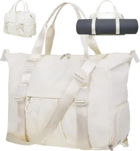 Gym Bag with Yoga Mat Holders, Carry On for Pilates Women & Men with Laptop & Shoe Compartment Large Duffle Travel Weekender Tote with Key Ring Clip Personal Item Workout, Easy to Clean - Beige