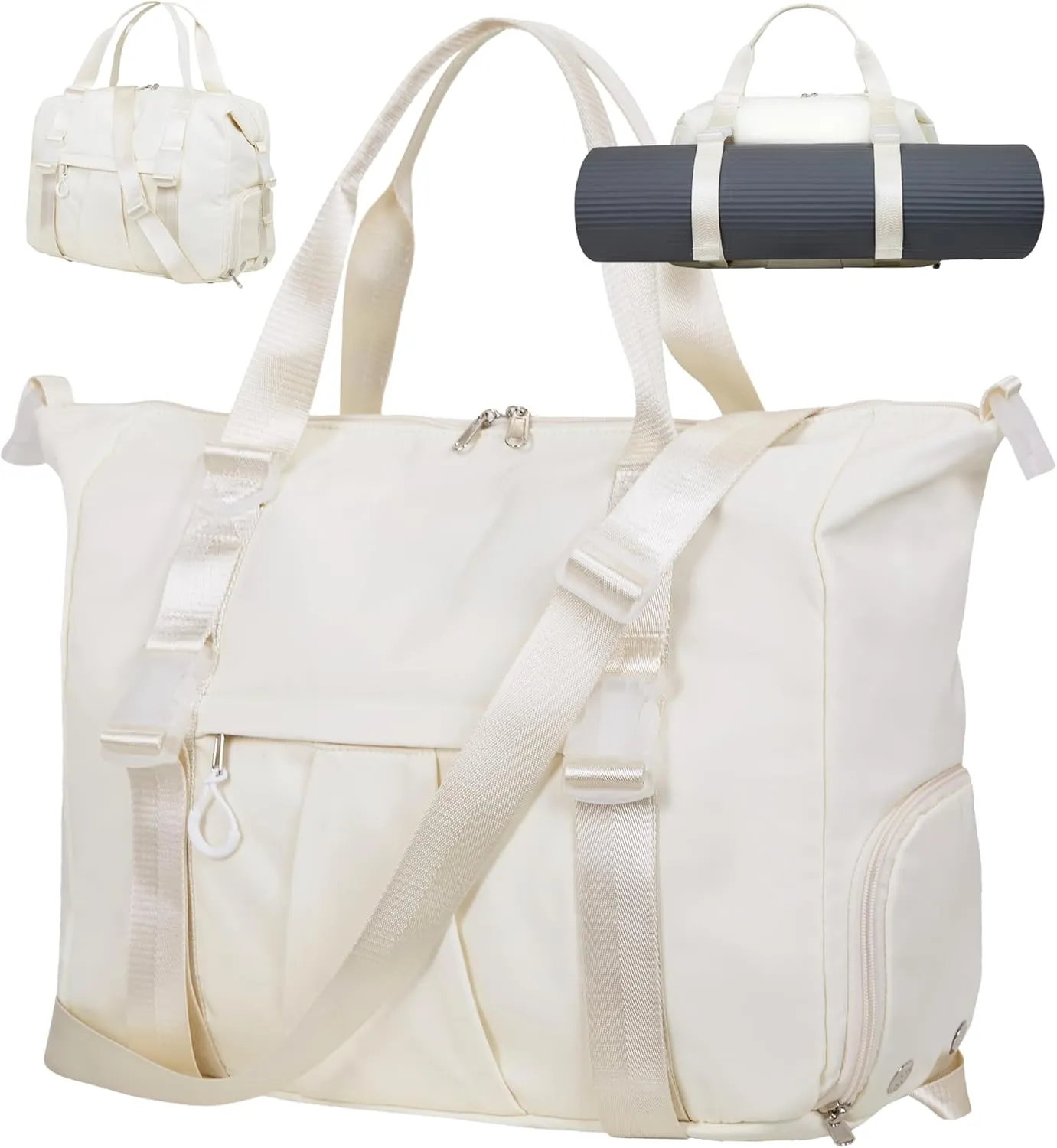 Gym Bag with Yoga Mat Holders, Carry On for Pilates Women & Men with Laptop & Shoe Compartment Large Duffle Travel Weekender Tote with Key Ring Clip Personal Item Workout, Easy to Clean - Beige