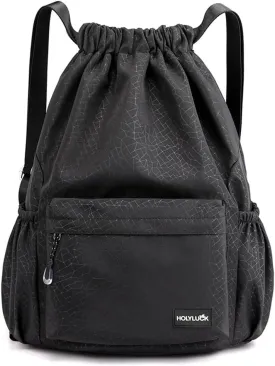 HOLYLUCK Drawstring Backpack Sports Gym Bag Water Resistant String Bag Cinch Sackpack with Side Zipper Pocket for Shopping Sport Yoga -black