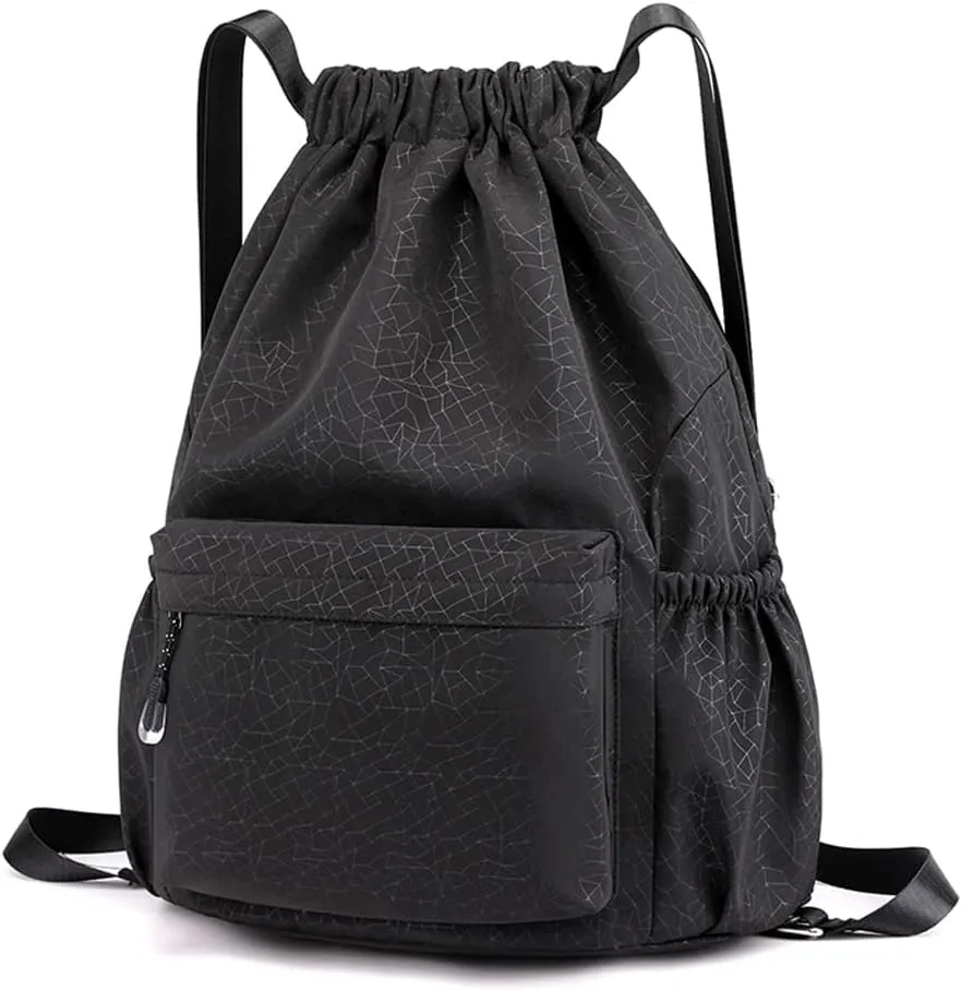 HOLYLUCK Drawstring Backpack Sports Gym Bag Water Resistant String Bag Cinch Sackpack with Side Zipper Pocket for Shopping Sport Yoga -black