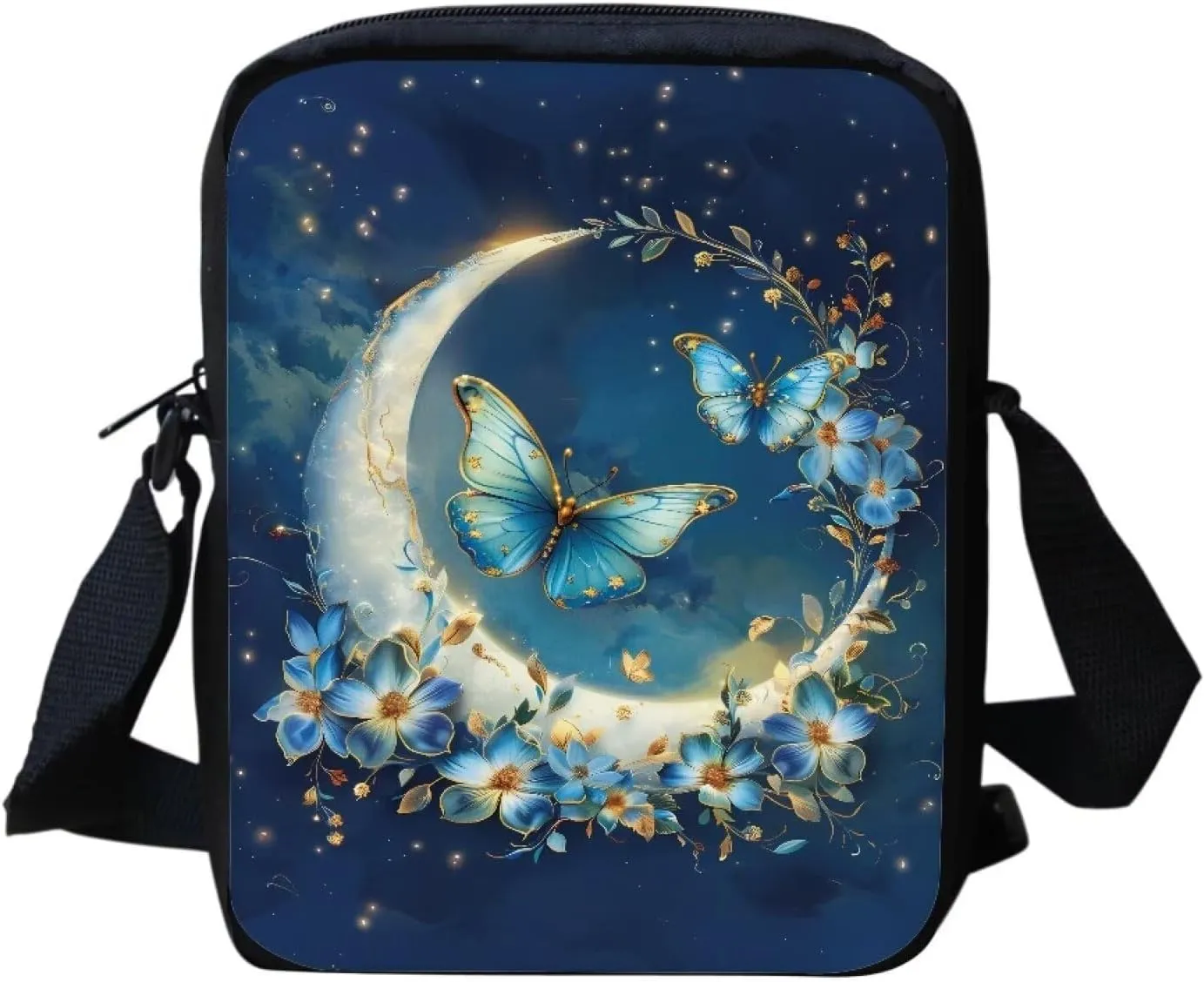 HUGS IDEA Women's Mini Cross Body Bags Blue Butterfly Moon Shoulder Handbag Cell phone Pouch Purse for Travel