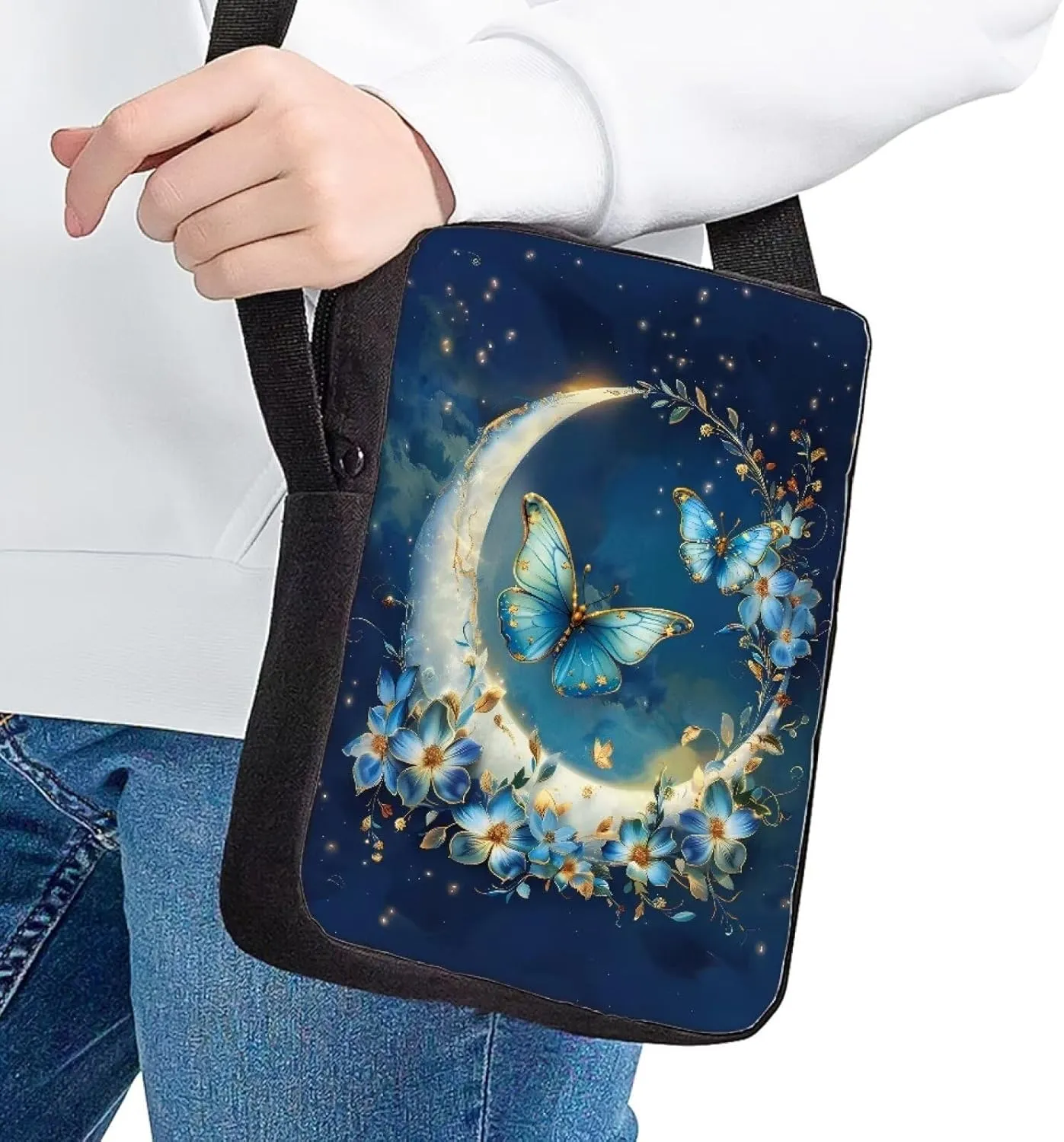 HUGS IDEA Women's Mini Cross Body Bags Blue Butterfly Moon Shoulder Handbag Cell phone Pouch Purse for Travel