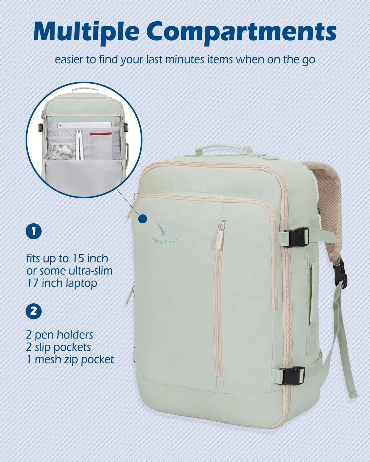 Hynes Eagle Carry on Backpack 38L Large Travel Backpack for Women Flight Approved Weekender Bag Laptop Backpack Men 15 inches Mint Green