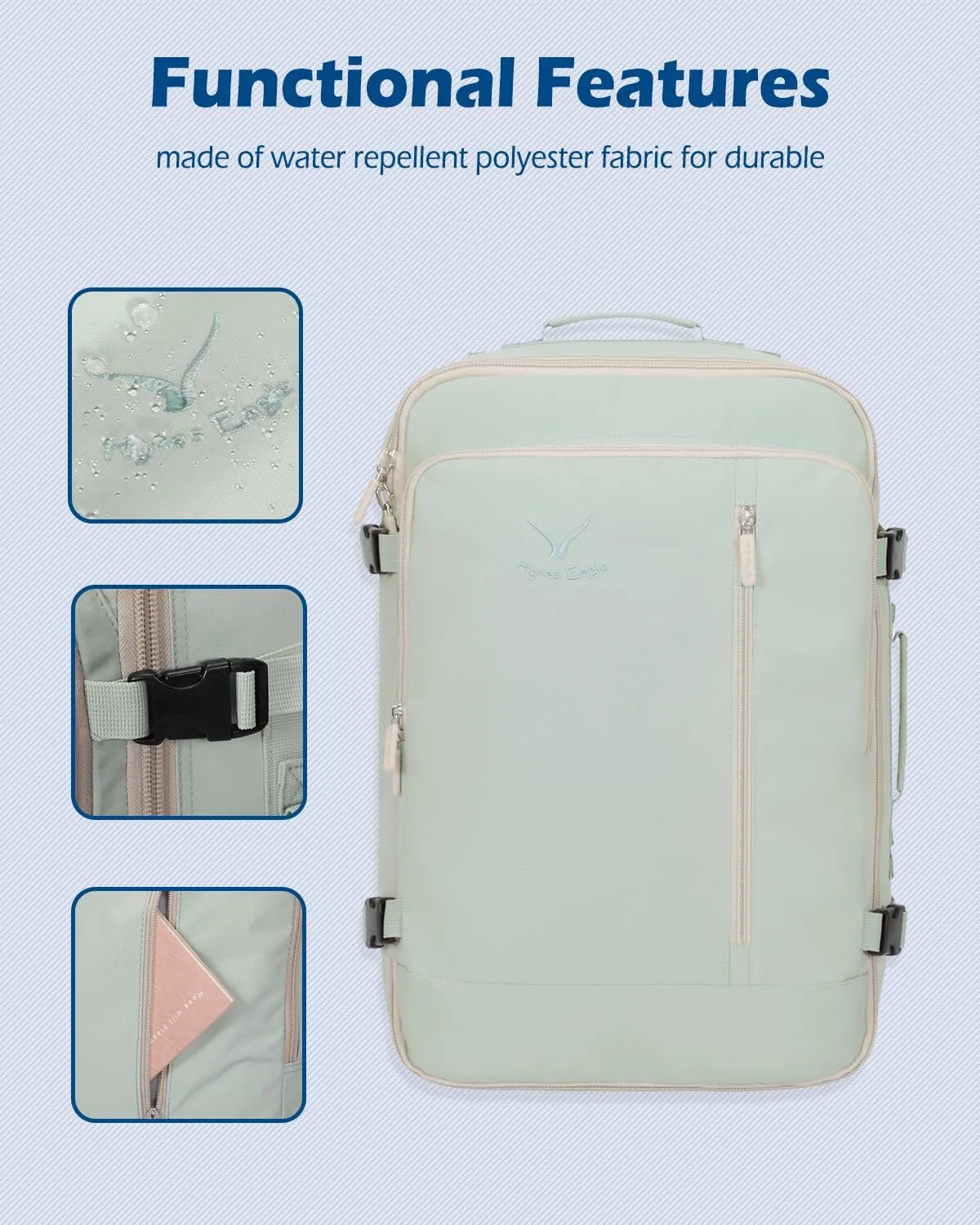 Hynes Eagle Carry on Backpack 38L Large Travel Backpack for Women Flight Approved Weekender Bag Laptop Backpack Men 15 inches Mint Green