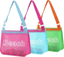 Iqimott 3Pcs Kids Letter Beach Shell Bag, Seashell Mesh Zipper Beach Pouch, Shell Collecting Bag for Holding Shells