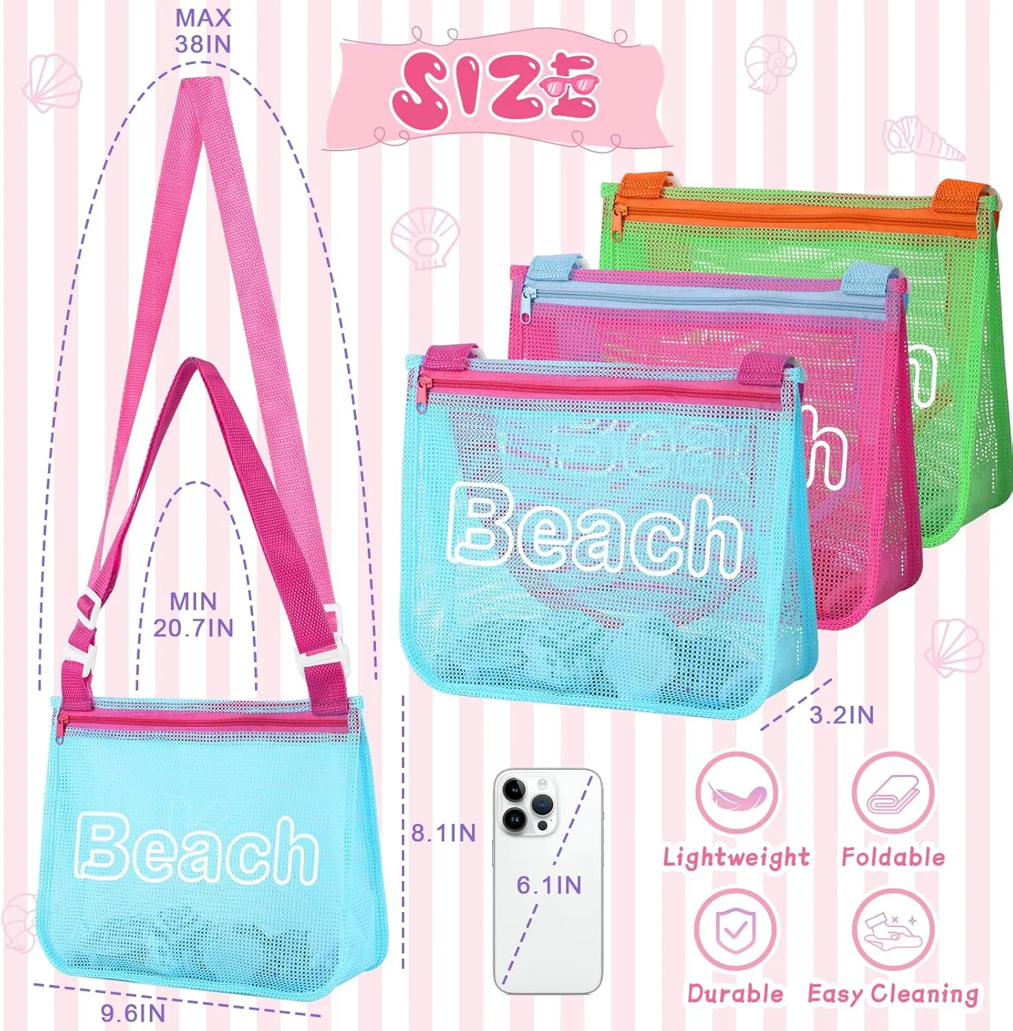 Iqimott 3Pcs Kids Letter Beach Shell Bag, Seashell Mesh Zipper Beach Pouch, Shell Collecting Bag for Holding Shells