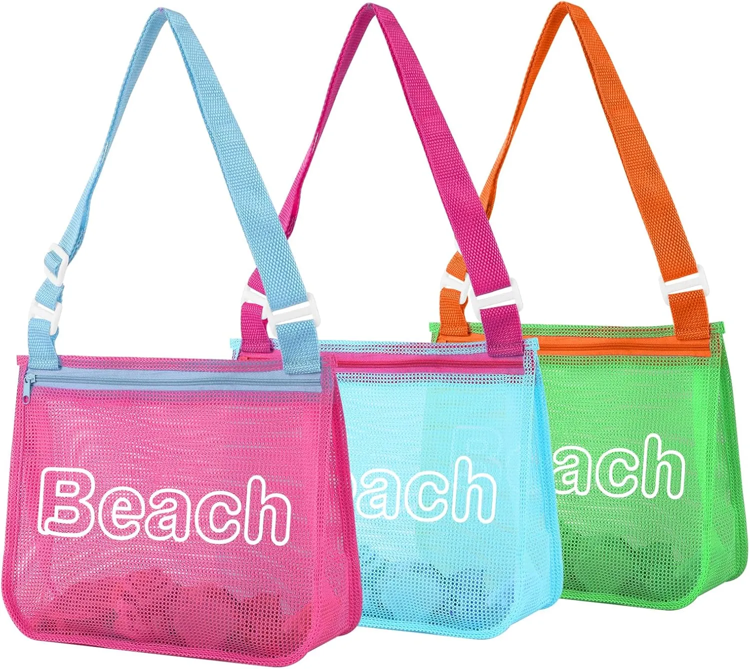 Iqimott 3Pcs Kids Letter Beach Shell Bag, Seashell Mesh Zipper Beach Pouch, Shell Collecting Bag for Holding Shells